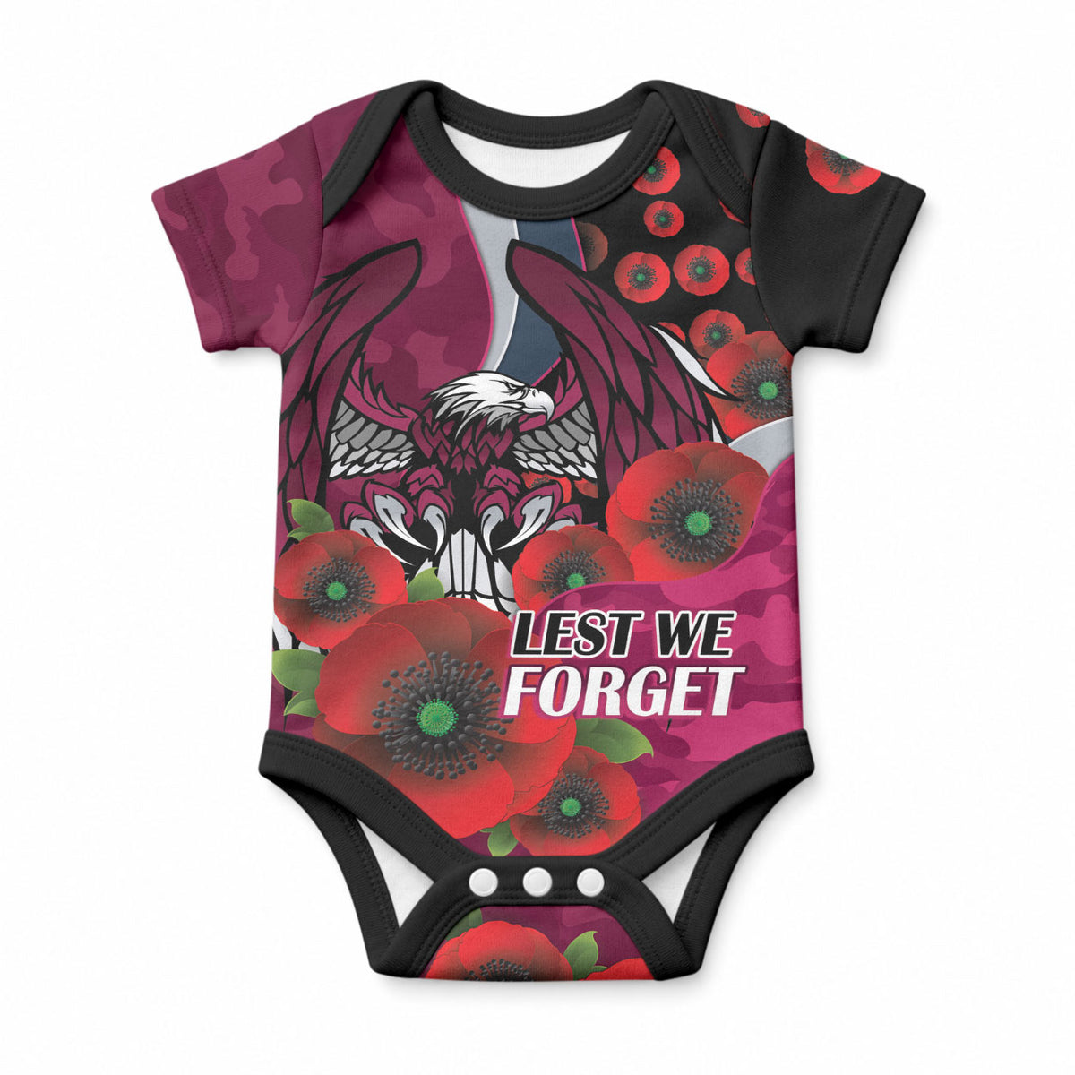 Manly Warringah Sea Eagles ANZAC Personalised Baby Onesie Lest We Forget Poppy Camo