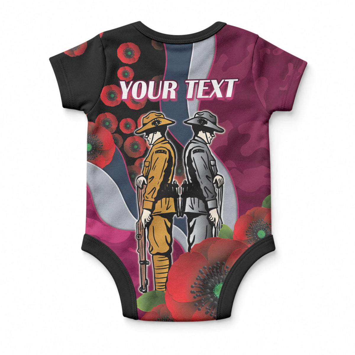 Manly Warringah Sea Eagles ANZAC Personalised Baby Onesie Lest We Forget Poppy Camo