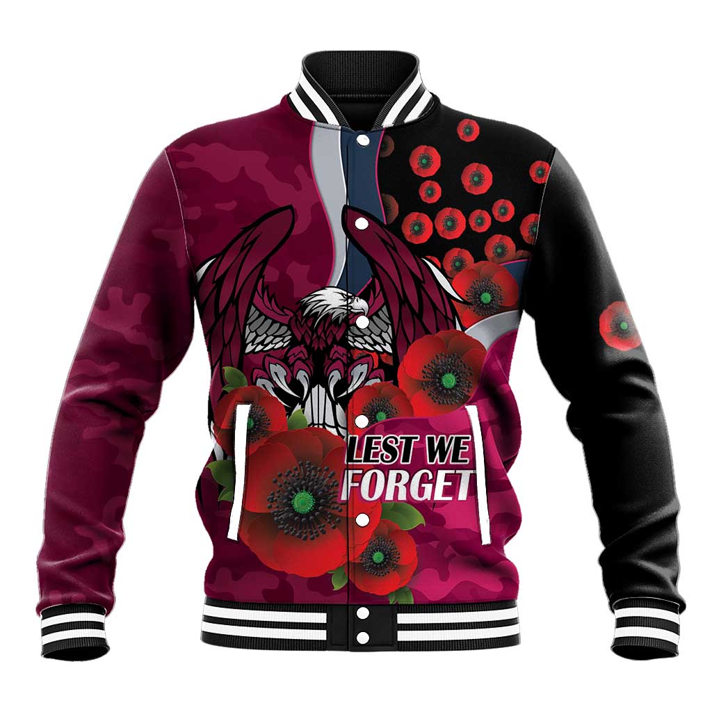 Manly Warringah Sea Eagles ANZAC Personalised Baseball Jacket Lest We Forget Poppy Camo