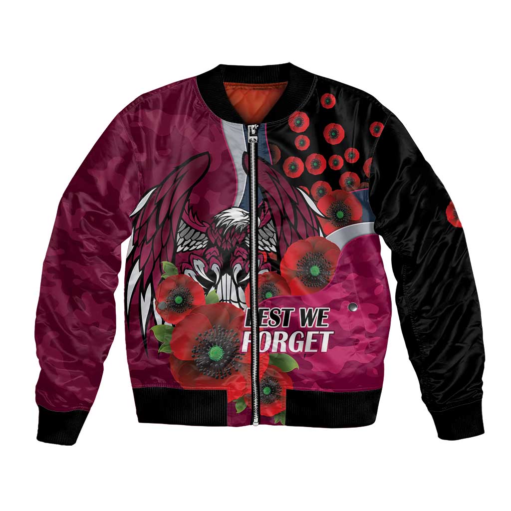 Manly Warringah Sea Eagles ANZAC Personalised Bomber Jacket Lest We Forget Poppy Camo