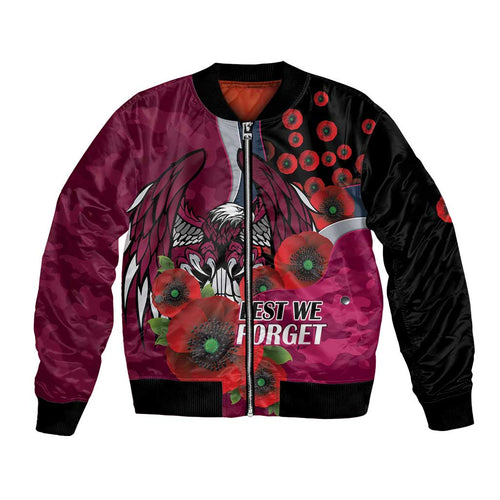Manly Warringah Sea Eagles ANZAC Personalised Bomber Jacket Lest We Forget Poppy Camo