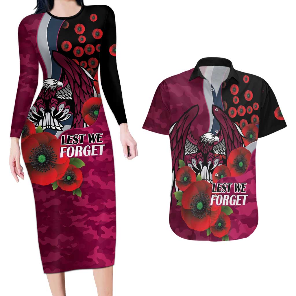 Manly Warringah Sea Eagles ANZAC Personalised Couples Matching Long Sleeve Bodycon Dress and Hawaiian Shirt Lest We Forget Poppy Camo