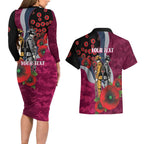 Manly Warringah Sea Eagles ANZAC Personalised Couples Matching Long Sleeve Bodycon Dress and Hawaiian Shirt Lest We Forget Poppy Camo