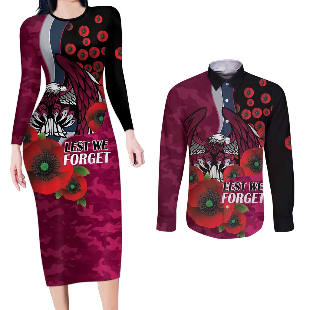 Manly Warringah Sea Eagles ANZAC Personalised Couples Matching Long Sleeve Bodycon Dress and Long Sleeve Button Shirt Lest We Forget Poppy Camo