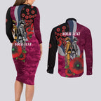 Manly Warringah Sea Eagles ANZAC Personalised Couples Matching Long Sleeve Bodycon Dress and Long Sleeve Button Shirt Lest We Forget Poppy Camo