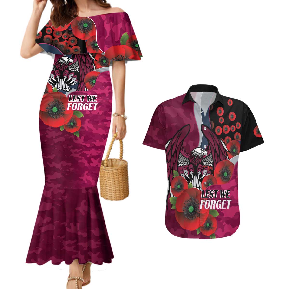 Manly Warringah Sea Eagles ANZAC Personalised Couples Matching Mermaid Dress and Hawaiian Shirt Lest We Forget Poppy Camo