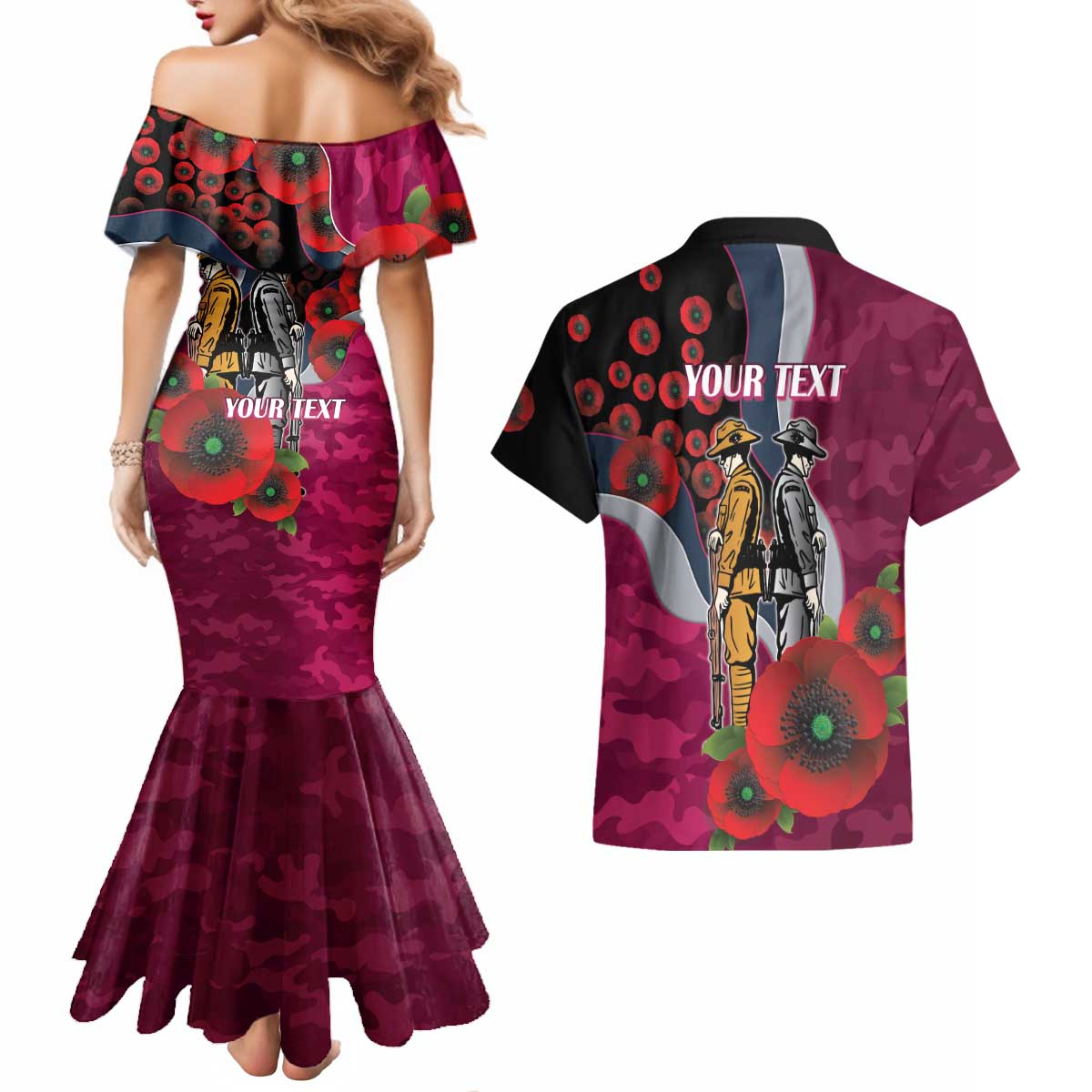 Manly Warringah Sea Eagles ANZAC Personalised Couples Matching Mermaid Dress and Hawaiian Shirt Lest We Forget Poppy Camo
