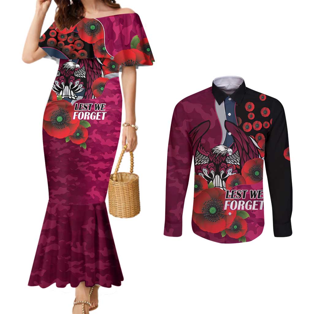 Manly Warringah Sea Eagles ANZAC Personalised Couples Matching Mermaid Dress and Long Sleeve Button Shirt Lest We Forget Poppy Camo