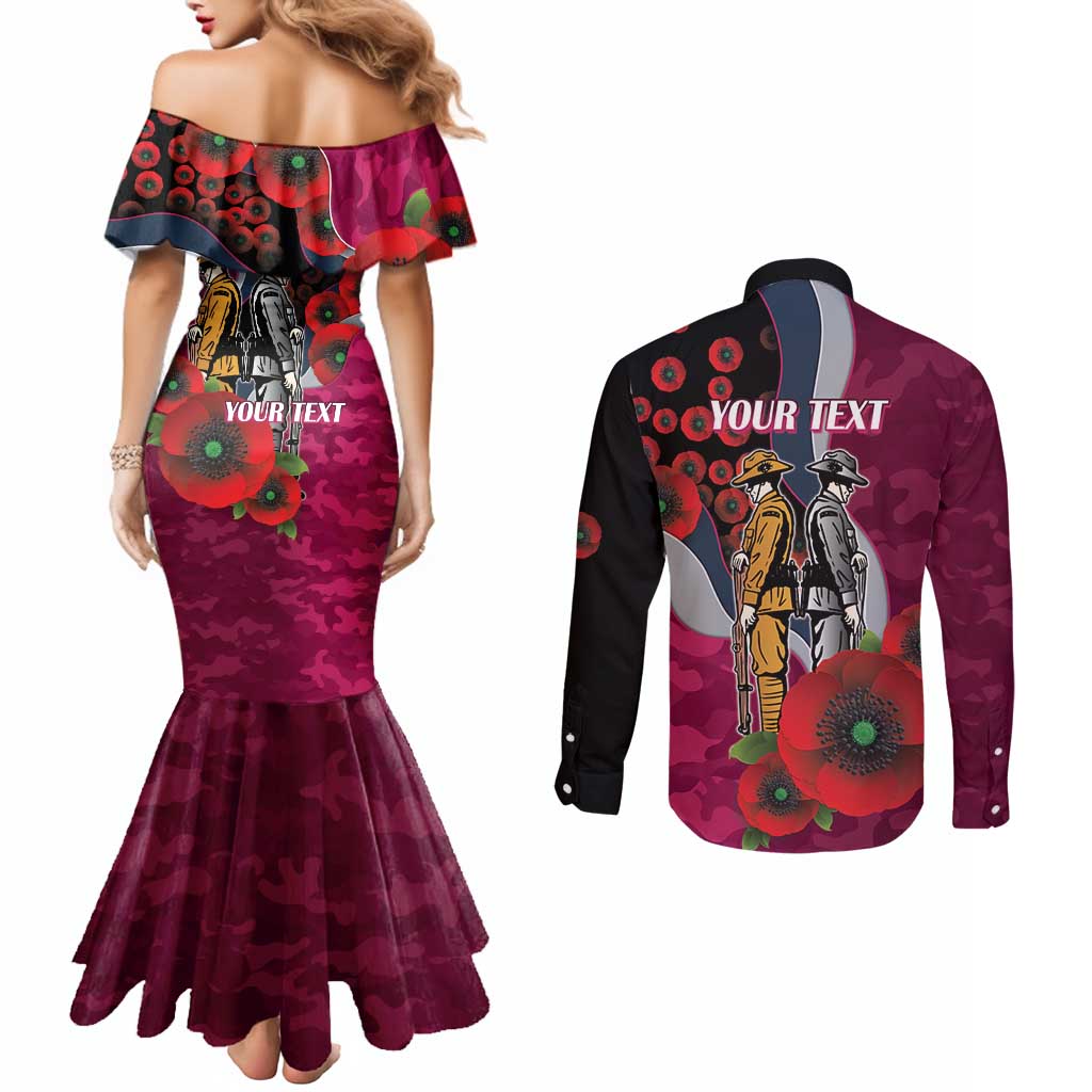 Manly Warringah Sea Eagles ANZAC Personalised Couples Matching Mermaid Dress and Long Sleeve Button Shirt Lest We Forget Poppy Camo