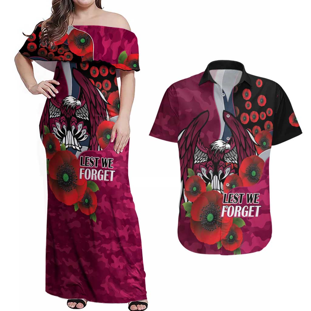 Manly Warringah Sea Eagles ANZAC Personalised Couples Matching Off Shoulder Maxi Dress and Hawaiian Shirt Lest We Forget Poppy Camo