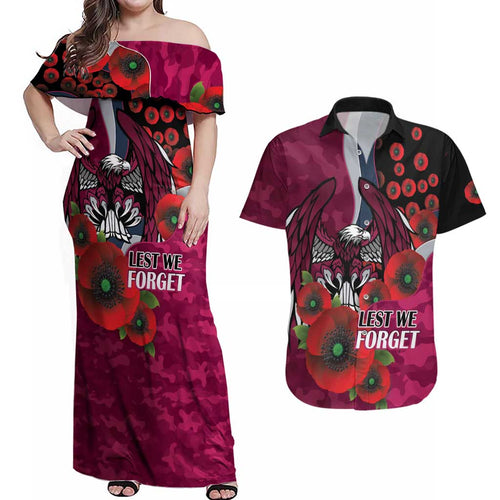 Manly Warringah Sea Eagles ANZAC Personalised Couples Matching Off Shoulder Maxi Dress and Hawaiian Shirt Lest We Forget Poppy Camo