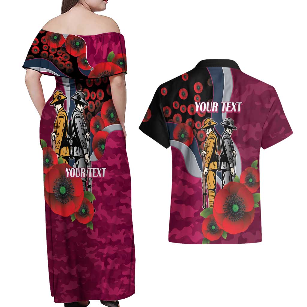 Manly Warringah Sea Eagles ANZAC Personalised Couples Matching Off Shoulder Maxi Dress and Hawaiian Shirt Lest We Forget Poppy Camo