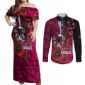 Manly Warringah Sea Eagles ANZAC Personalised Couples Matching Off Shoulder Maxi Dress and Long Sleeve Button Shirt Lest We Forget Poppy Camo