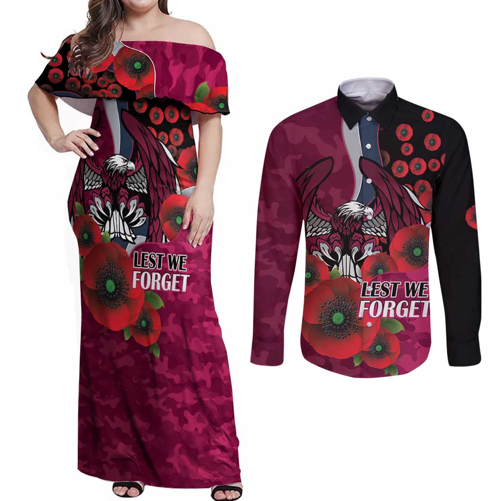 Manly Warringah Sea Eagles ANZAC Personalised Couples Matching Off Shoulder Maxi Dress and Long Sleeve Button Shirt Lest We Forget Poppy Camo
