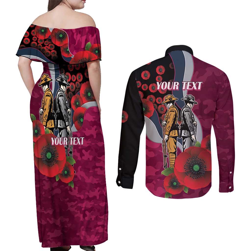 Manly Warringah Sea Eagles ANZAC Personalised Couples Matching Off Shoulder Maxi Dress and Long Sleeve Button Shirt Lest We Forget Poppy Camo