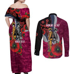 Manly Warringah Sea Eagles ANZAC Personalised Couples Matching Off Shoulder Maxi Dress and Long Sleeve Button Shirt Lest We Forget Poppy Camo