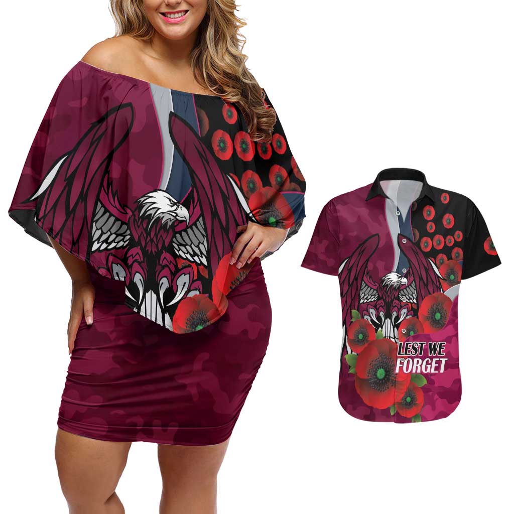 Manly Warringah Sea Eagles ANZAC Personalised Couples Matching Off Shoulder Short Dress and Hawaiian Shirt Lest We Forget Poppy Camo