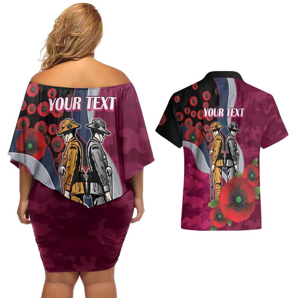 Manly Warringah Sea Eagles ANZAC Personalised Couples Matching Off Shoulder Short Dress and Hawaiian Shirt Lest We Forget Poppy Camo