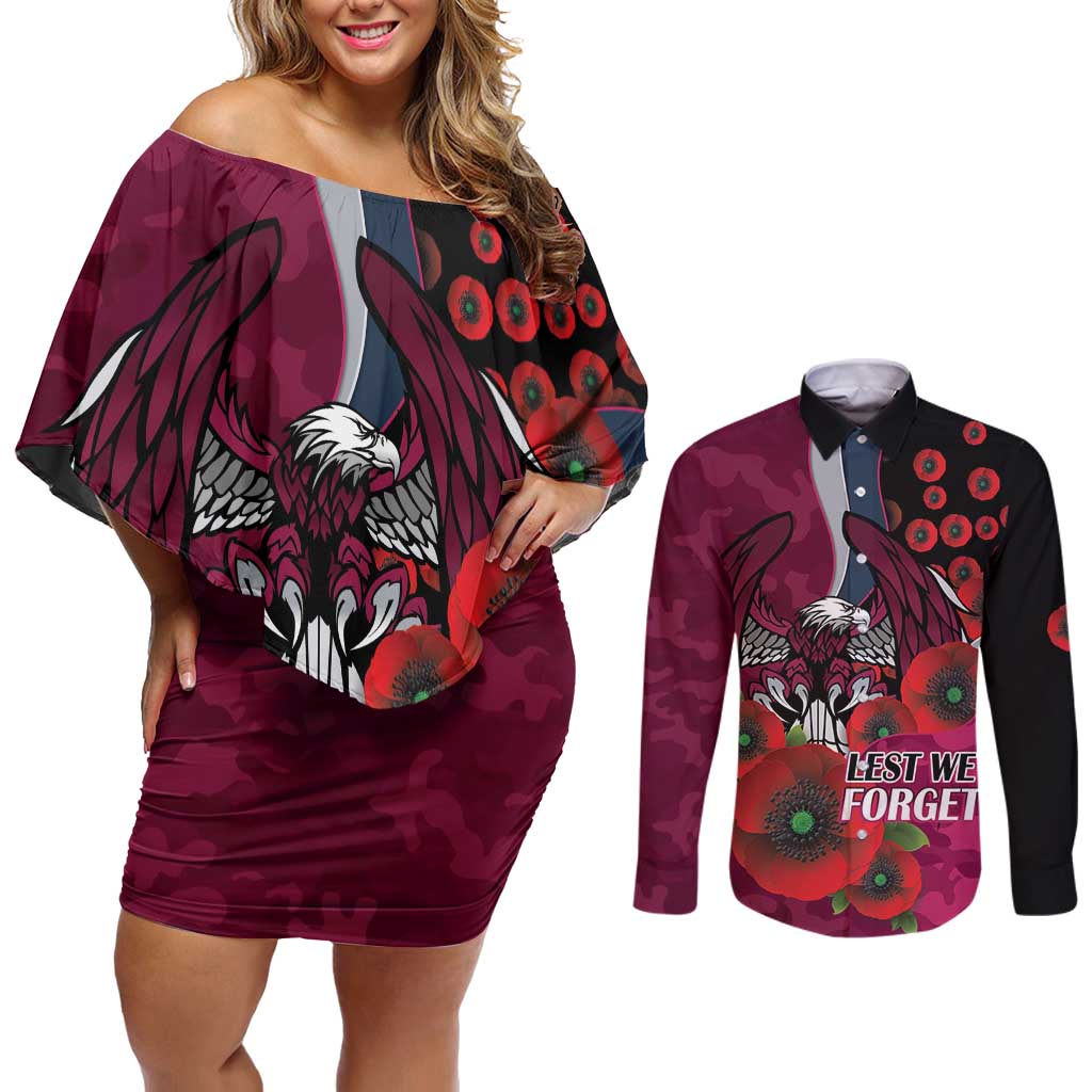 Manly Warringah Sea Eagles ANZAC Personalised Couples Matching Off Shoulder Short Dress and Long Sleeve Button Shirt Lest We Forget Poppy Camo