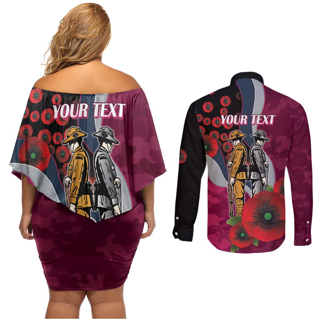 Manly Warringah Sea Eagles ANZAC Personalised Couples Matching Off Shoulder Short Dress and Long Sleeve Button Shirt Lest We Forget Poppy Camo