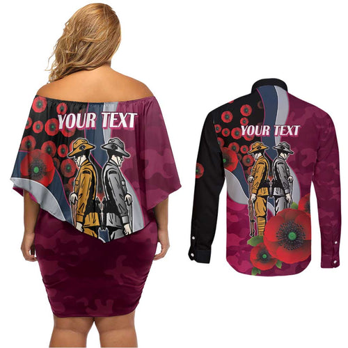 Manly Warringah Sea Eagles ANZAC Personalised Couples Matching Off Shoulder Short Dress and Long Sleeve Button Shirt Lest We Forget Poppy Camo