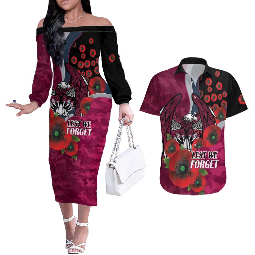 Manly Warringah Sea Eagles ANZAC Personalised Couples Matching Off The Shoulder Long Sleeve Dress and Hawaiian Shirt Lest We Forget Poppy Camo