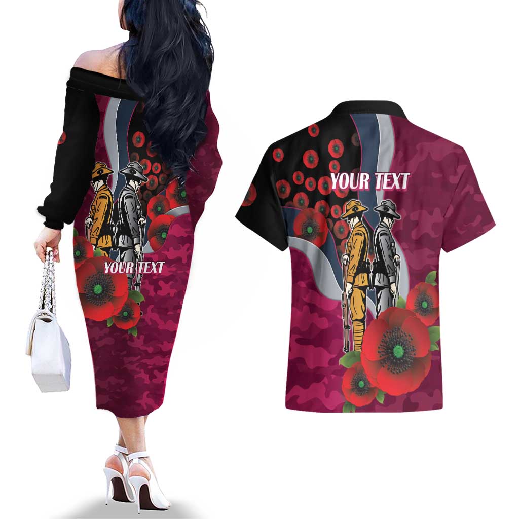 Manly Warringah Sea Eagles ANZAC Personalised Couples Matching Off The Shoulder Long Sleeve Dress and Hawaiian Shirt Lest We Forget Poppy Camo