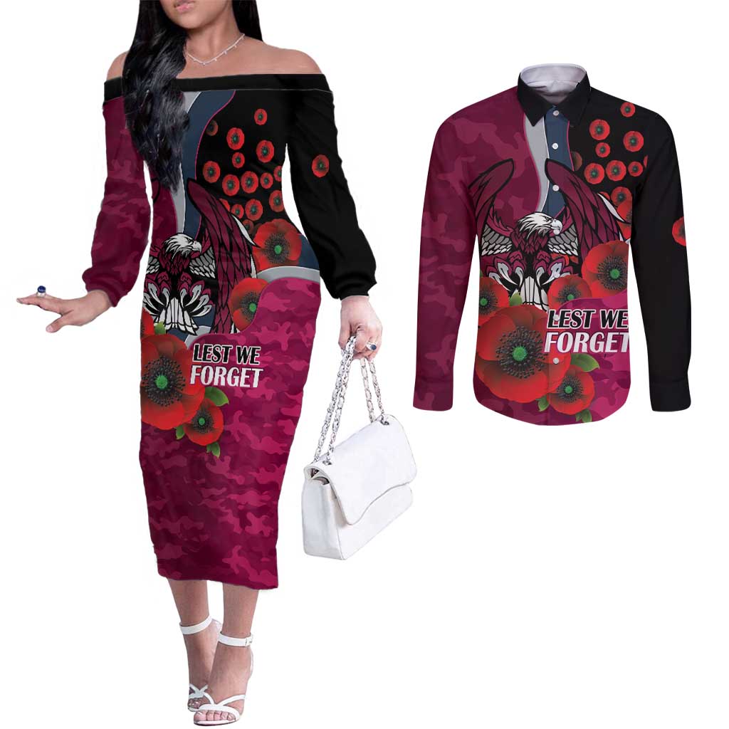 Manly Warringah Sea Eagles ANZAC Personalised Couples Matching Off The Shoulder Long Sleeve Dress and Long Sleeve Button Shirt Lest We Forget Poppy Camo
