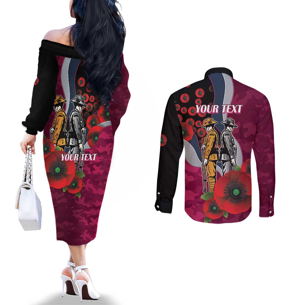 Manly Warringah Sea Eagles ANZAC Personalised Couples Matching Off The Shoulder Long Sleeve Dress and Long Sleeve Button Shirt Lest We Forget Poppy Camo