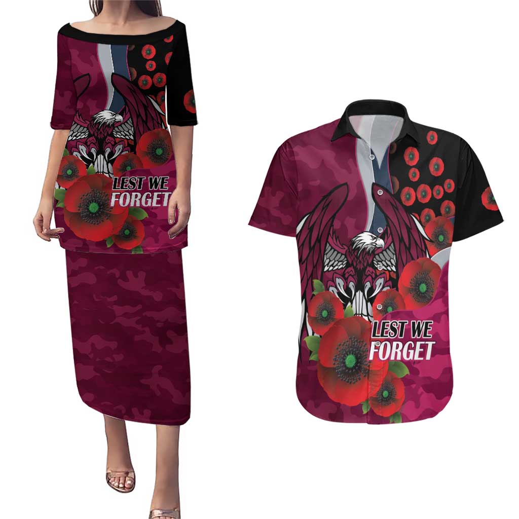 Manly Warringah Sea Eagles ANZAC Personalised Couples Matching Puletasi and Hawaiian Shirt Lest We Forget Poppy Camo