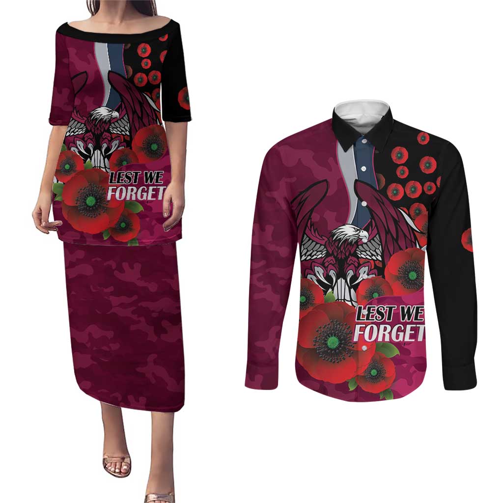 Manly Warringah Sea Eagles ANZAC Personalised Couples Matching Puletasi and Long Sleeve Button Shirt Lest We Forget Poppy Camo