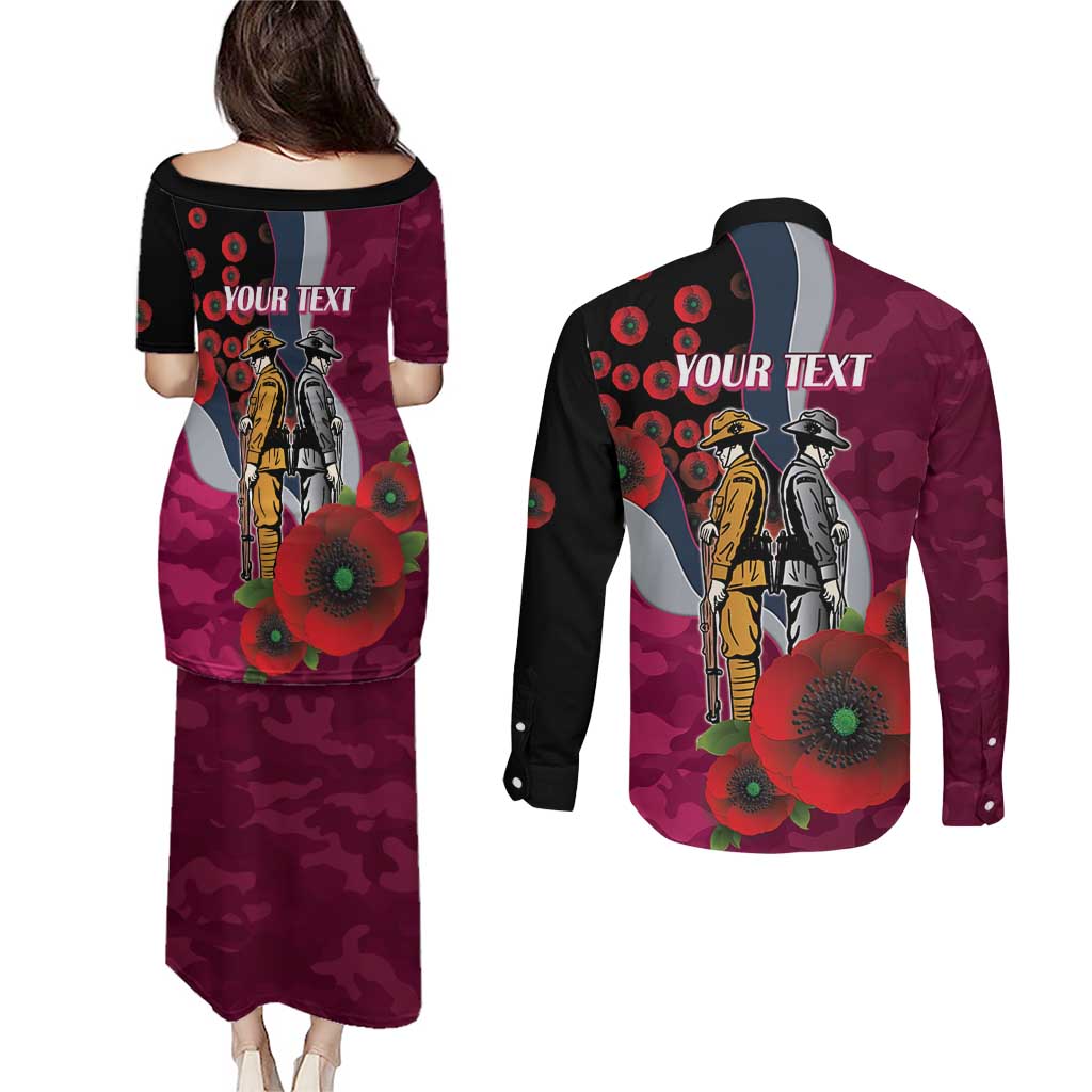 Manly Warringah Sea Eagles ANZAC Personalised Couples Matching Puletasi and Long Sleeve Button Shirt Lest We Forget Poppy Camo