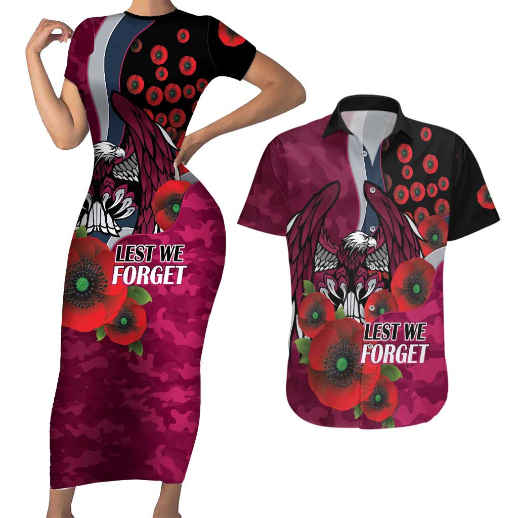 Manly Warringah Sea Eagles ANZAC Personalised Couples Matching Short Sleeve Bodycon Dress and Hawaiian Shirt Lest We Forget Poppy Camo