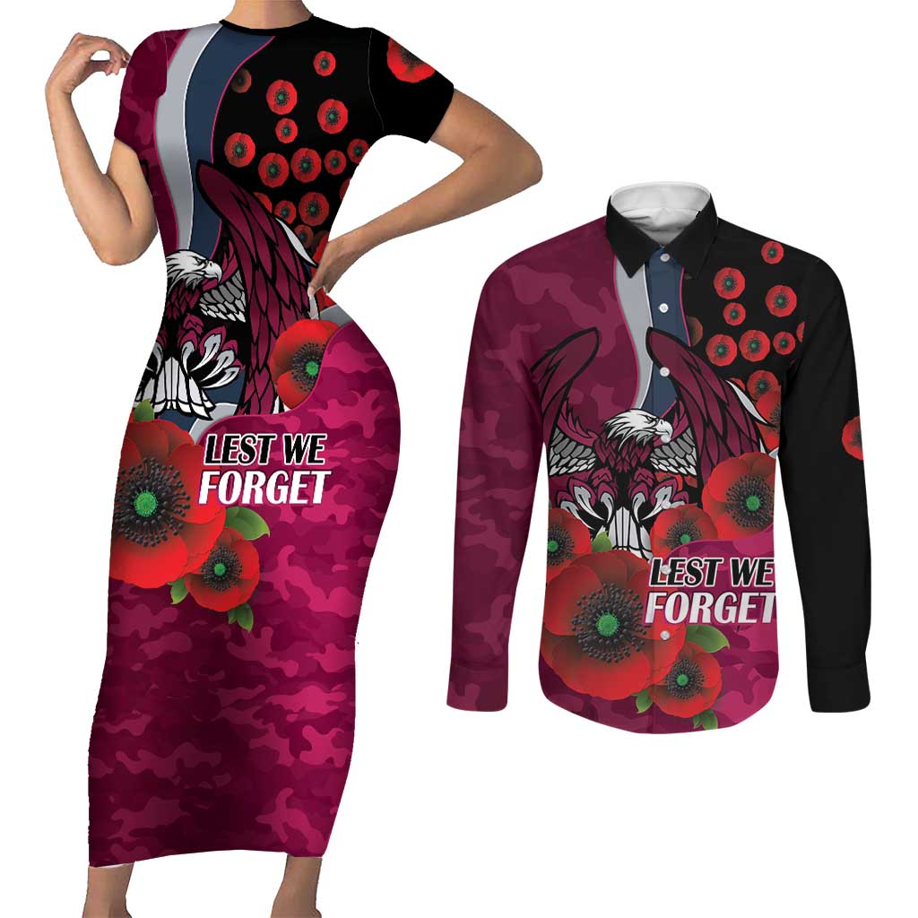 Manly Warringah Sea Eagles ANZAC Personalised Couples Matching Short Sleeve Bodycon Dress and Long Sleeve Button Shirt Lest We Forget Poppy Camo