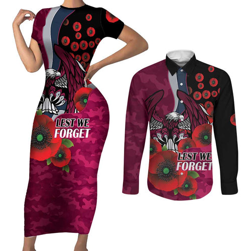 Manly Warringah Sea Eagles ANZAC Personalised Couples Matching Short Sleeve Bodycon Dress and Long Sleeve Button Shirt Lest We Forget Poppy Camo