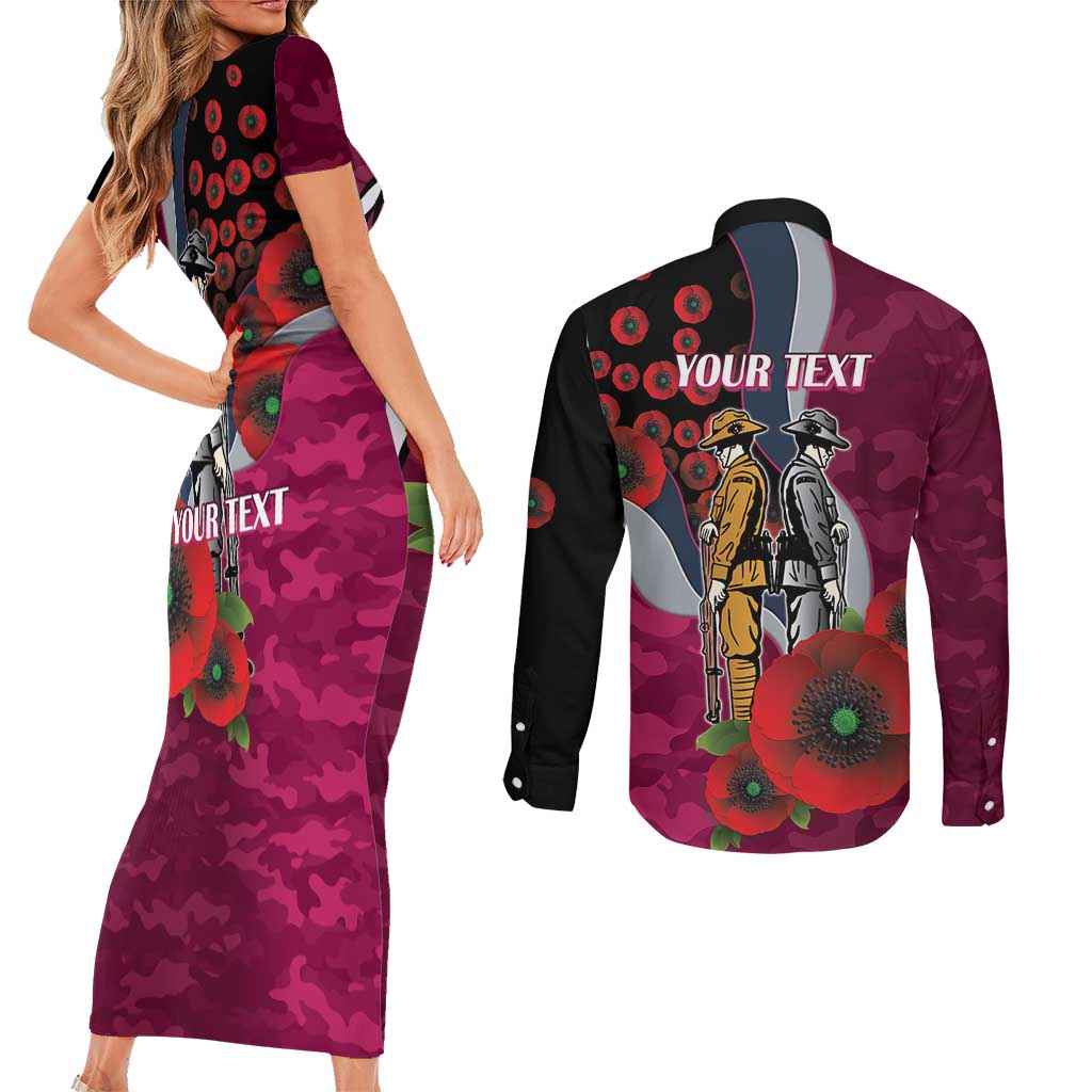 Manly Warringah Sea Eagles ANZAC Personalised Couples Matching Short Sleeve Bodycon Dress and Long Sleeve Button Shirt Lest We Forget Poppy Camo