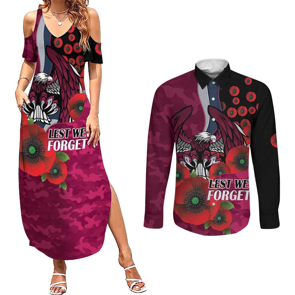 Manly Warringah Sea Eagles ANZAC Personalised Couples Matching Summer Maxi Dress and Long Sleeve Button Shirt Lest We Forget Poppy Camo