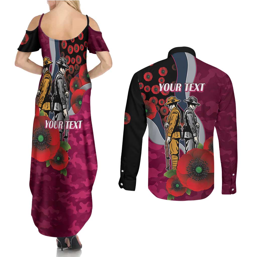 Manly Warringah Sea Eagles ANZAC Personalised Couples Matching Summer Maxi Dress and Long Sleeve Button Shirt Lest We Forget Poppy Camo
