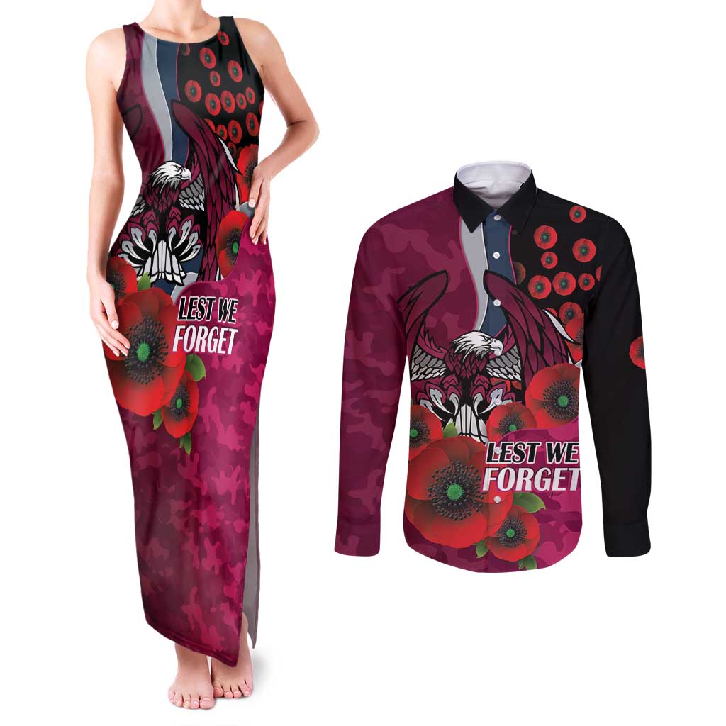 Manly Warringah Sea Eagles ANZAC Personalised Couples Matching Tank Maxi Dress and Long Sleeve Button Shirt Lest We Forget Poppy Camo
