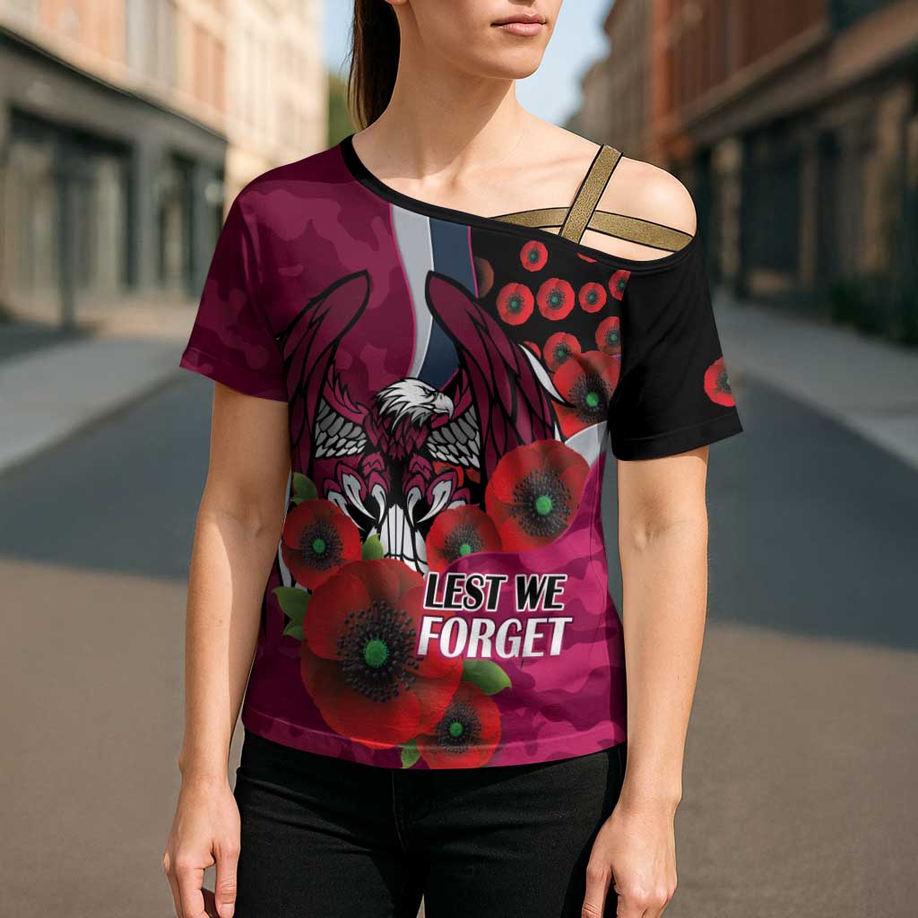 Manly Warringah Sea Eagles ANZAC Personalised Cross Shoulder Shirt Lest We Forget Poppy Camo