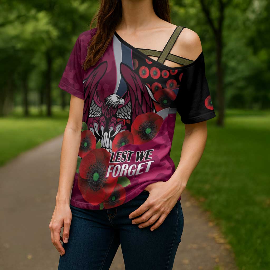 Manly Warringah Sea Eagles ANZAC Personalised Cross Shoulder Shirt Lest We Forget Poppy Camo