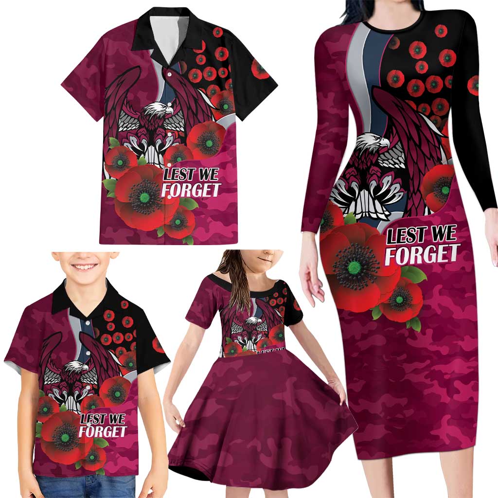 Manly Warringah Sea Eagles ANZAC Personalised Family Matching Long Sleeve Bodycon Dress and Hawaiian Shirt Lest We Forget Poppy Camo