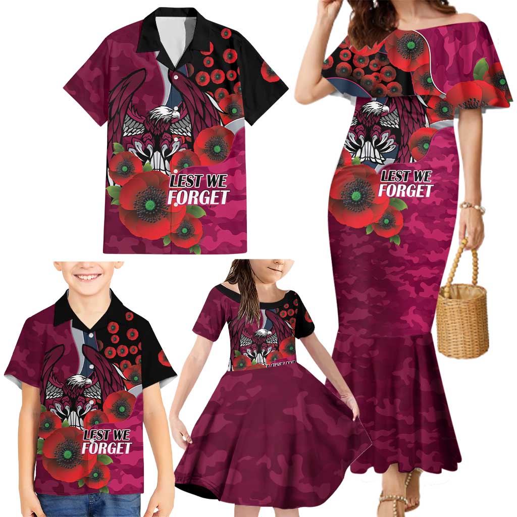 Manly Warringah Sea Eagles ANZAC Personalised Family Matching Mermaid Dress and Hawaiian Shirt Lest We Forget Poppy Camo