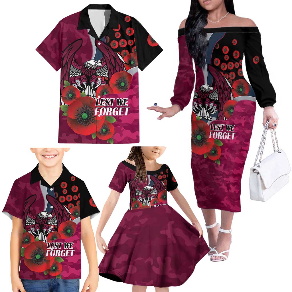 Manly Warringah Sea Eagles ANZAC Personalised Family Matching Off The Shoulder Long Sleeve Dress and Hawaiian Shirt Lest We Forget Poppy Camo