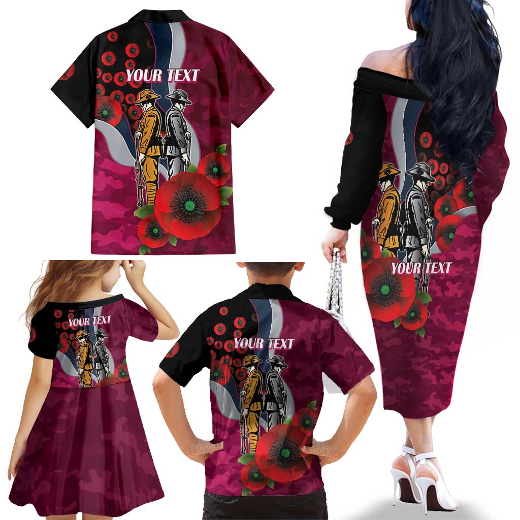 Manly Warringah Sea Eagles ANZAC Personalised Family Matching Off The Shoulder Long Sleeve Dress and Hawaiian Shirt Lest We Forget Poppy Camo