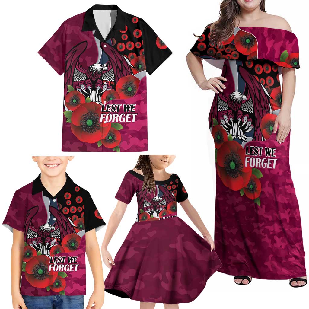 Manly Warringah Sea Eagles ANZAC Personalised Family Matching Off Shoulder Maxi Dress and Hawaiian Shirt Lest We Forget Poppy Camo