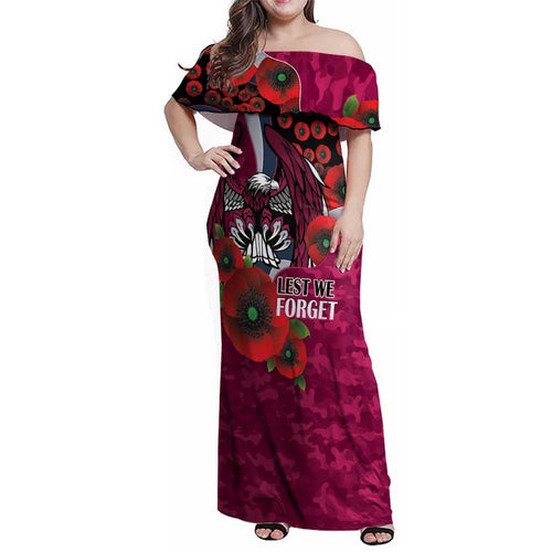Manly Warringah Sea Eagles ANZAC Personalised Family Matching Off Shoulder Maxi Dress and Hawaiian Shirt Lest We Forget Poppy Camo