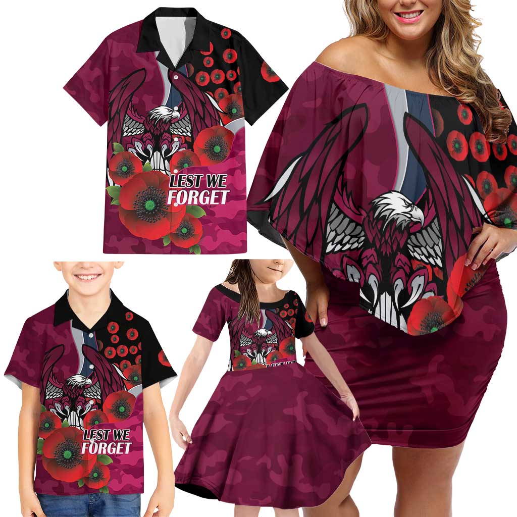 Manly Warringah Sea Eagles ANZAC Personalised Family Matching Off Shoulder Short Dress and Hawaiian Shirt Lest We Forget Poppy Camo