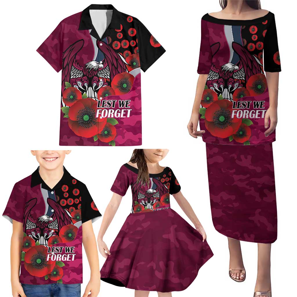 Manly Warringah Sea Eagles ANZAC Personalised Family Matching Puletasi and Hawaiian Shirt Lest We Forget Poppy Camo
