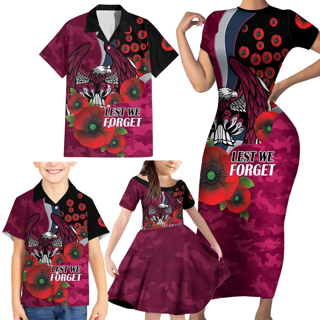 Manly Warringah Sea Eagles ANZAC Personalised Family Matching Short Sleeve Bodycon Dress and Hawaiian Shirt Lest We Forget Poppy Camo